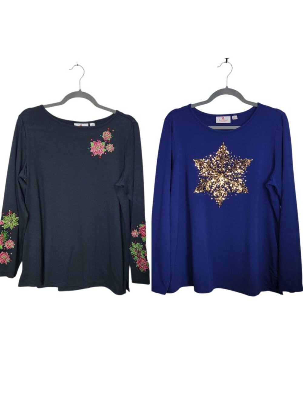 Lot of 2 Quacker Factory Holiday Winter Tee Shirts Long Sleeve Sz Lg Black Blue